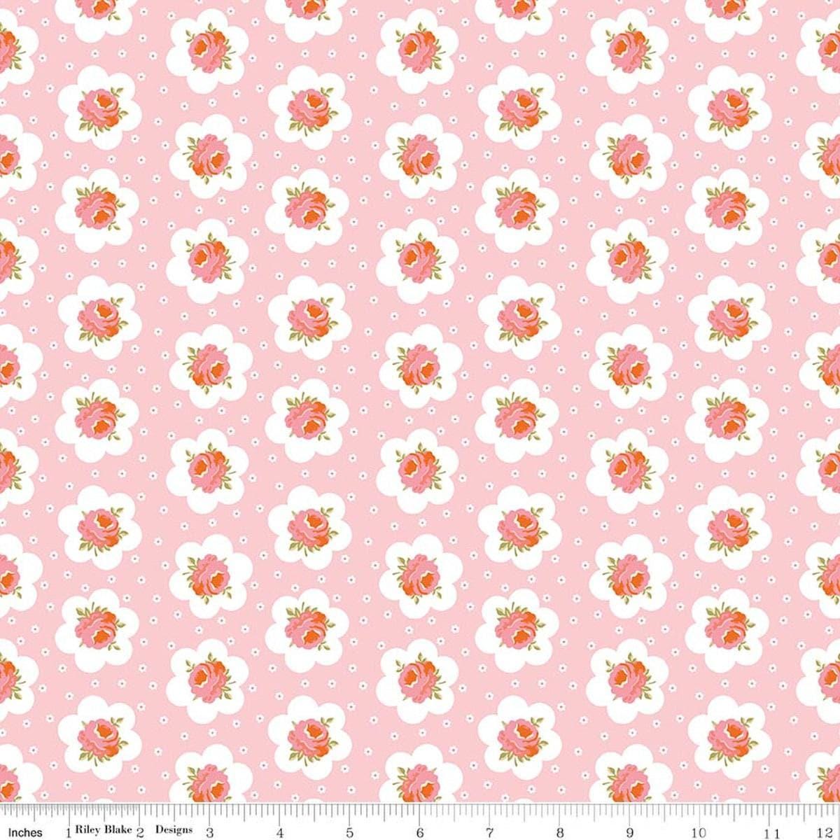 Image of Peach Cobbler Tea Tin Rose Pink quilting cotton fabric by Lily Ashbury for Riley Blake Designs. Features flowers on a pink background. Cute Little Fabric Shop.