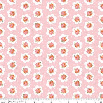 Image of Peach Cobbler Tea Tin Rose Pink quilting cotton fabric by Lily Ashbury for Riley Blake Designs. Features flowers on a pink background. Cute Little Fabric Shop.