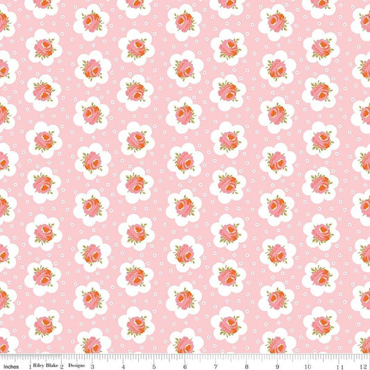 Image of Peach Cobbler Tea Tin Rose Pink quilting cotton fabric by Lily Ashbury for Riley Blake Designs. Features flowers on a pink background. Cute Little Fabric Shop.