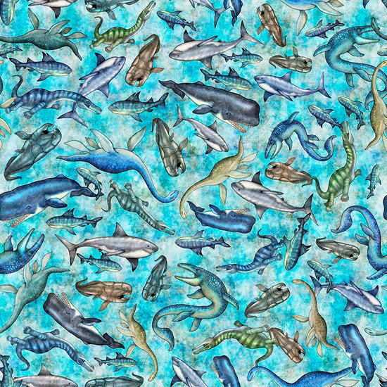 Image of Savage Kingdom Underwater Dinos Turquoise quilting cotton fabric by Dan Morris for QT Fabrics. Features dinosaurs on a blue background. Cute Little Fabric Shop.