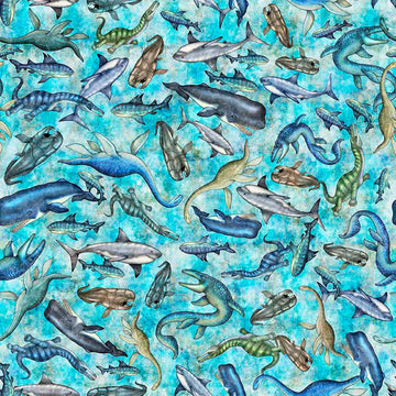 Image of Savage Kingdom Underwater Dinos Turquoise quilting cotton fabric by Dan Morris for QT Fabrics. Features dinosaurs on a blue background. Cute Little Fabric Shop.