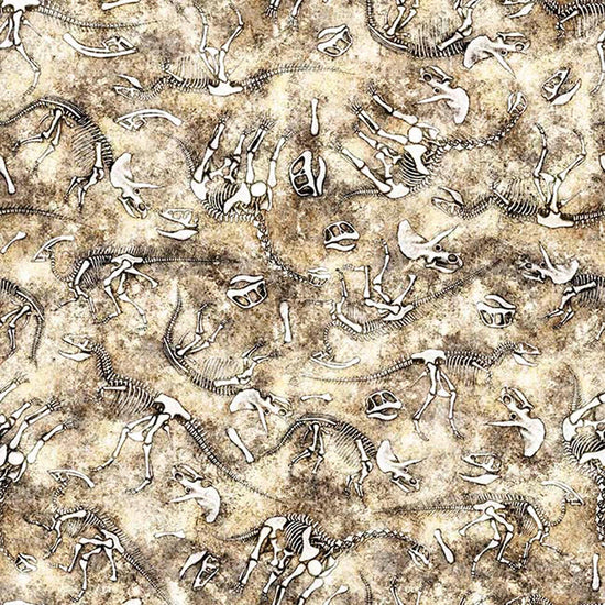 Image of Savage Kingdom Dino Bones Sand quilting cotton fabric by Dan Morris for QT Fabrics. Features dinosaur Bones on a cream background. Cute Little Fabric Shop.