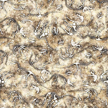 Image of Savage Kingdom Dino Bones Sand quilting cotton fabric by Dan Morris for QT Fabrics. Features dinosaur Bones on a cream background. Cute Little Fabric Shop.
