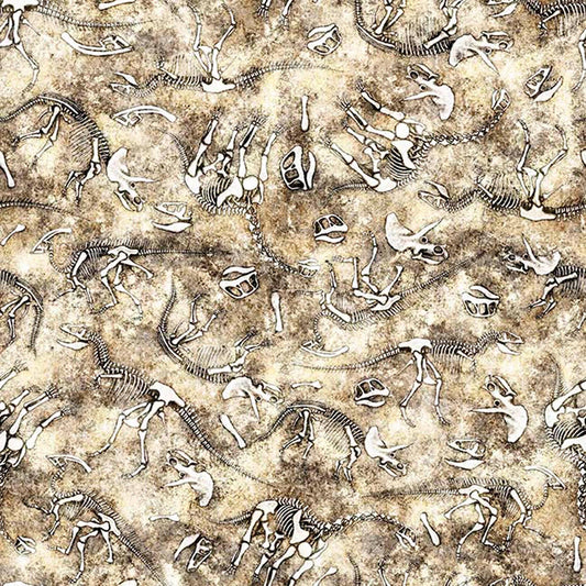 Image of Savage Kingdom Dino Bones Sand quilting cotton fabric by Dan Morris for QT Fabrics. Features dinosaur Bones on a cream background. Cute Little Fabric Shop.