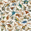 Image of Savage Kingdom Tossed Dinosaurs Sand quilting cotton fabric by Dan Morris for QT Fabrics. Features dinosaurs on a cream background. Cute Little Fabric Shop.