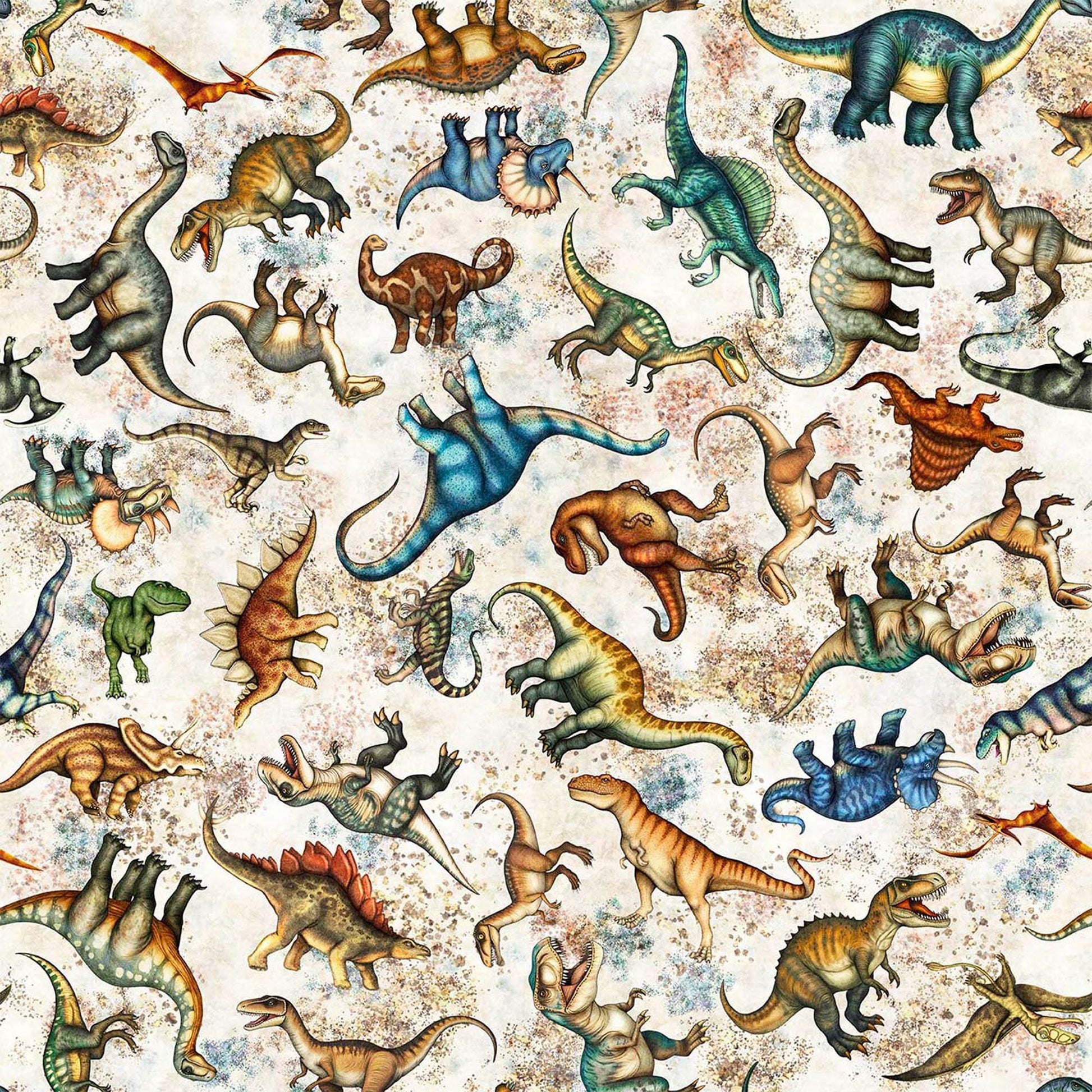 Image of Savage Kingdom Tossed Dinosaurs Sand quilting cotton fabric by Dan Morris for QT Fabrics. Features dinosaurs on a cream background. Cute Little Fabric Shop.