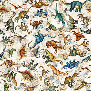 Image of Savage Kingdom Tossed Dinosaurs Sand quilting cotton fabric by Dan Morris for QT Fabrics. Features dinosaurs on a cream background. Cute Little Fabric Shop.