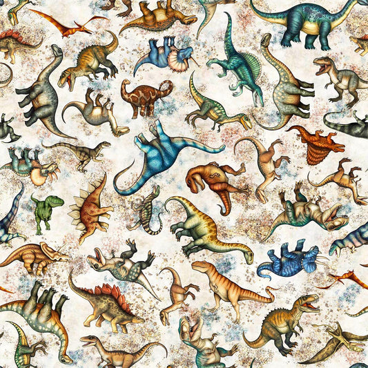 Image of Savage Kingdom Tossed Dinosaurs Sand quilting cotton fabric by Dan Morris for QT Fabrics. Features dinosaurs on a cream background. Cute Little Fabric Shop.