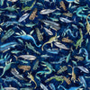 Image of Savage Kingdom Underwater Dinos Navy quilting cotton fabric by Dan Morris for QT Fabrics. Features dinosaurs on a blue background. Cute Little Fabric Shop.
