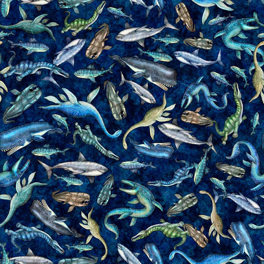 Image of Savage Kingdom Underwater Dinos Navy quilting cotton fabric by Dan Morris for QT Fabrics. Features dinosaurs on a blue background. Cute Little Fabric Shop.