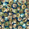 Image of Savage Kingdom Dinosaur Medallions Navy quilting cotton fabric by Dan Morris for QT Fabrics. Features dinosaurs on a blue background. Cute Little Fabric Shop.