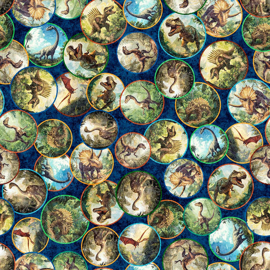 Image of Savage Kingdom Dinosaur Medallions Navy quilting cotton fabric by Dan Morris for QT Fabrics. Features dinosaurs on a blue background. Cute Little Fabric Shop.