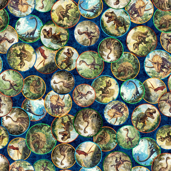 Image of Savage Kingdom Dinosaur Medallions Navy quilting cotton fabric by Dan Morris for QT Fabrics. Features dinosaurs on a blue background. Cute Little Fabric Shop.