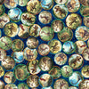 Image of Savage Kingdom Dinosaur Medallions Navy quilting cotton fabric by Dan Morris for QT Fabrics. Features dinosaurs on a blue background. Cute Little Fabric Shop.