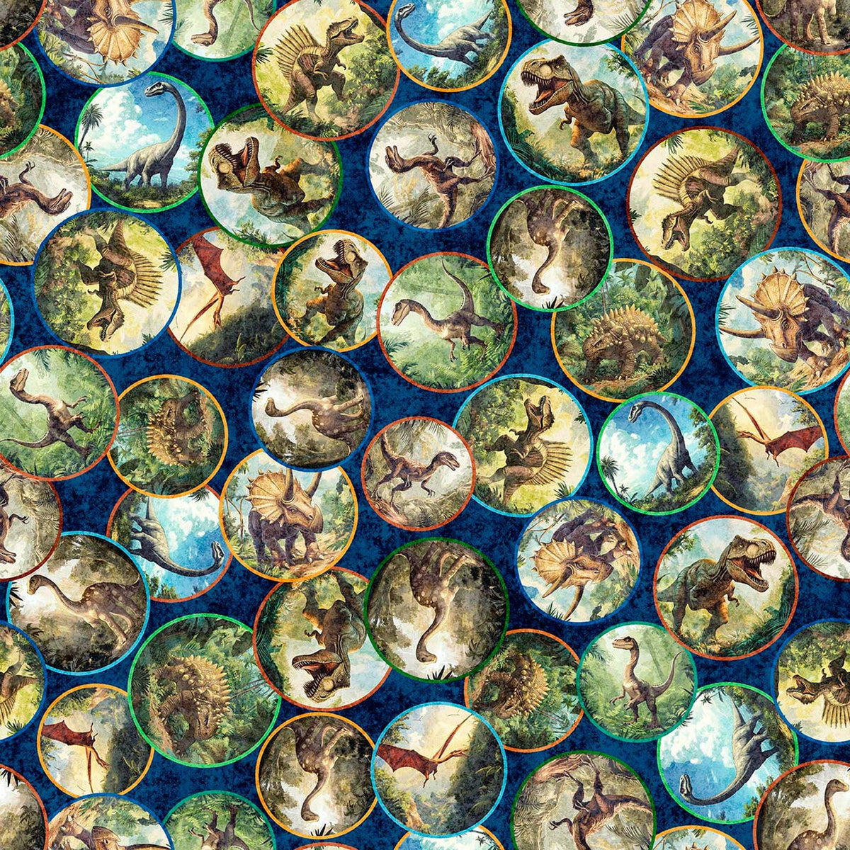 Image of Savage Kingdom Dinosaur Medallions Navy quilting cotton fabric by Dan Morris for QT Fabrics. Features dinosaurs on a blue background. Cute Little Fabric Shop.