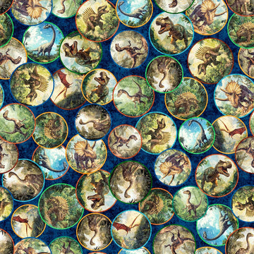 Image of Savage Kingdom Dinosaur Medallions Navy quilting cotton fabric by Dan Morris for QT Fabrics. Features dinosaurs on a blue background. Cute Little Fabric Shop.