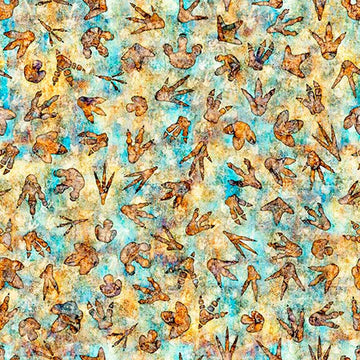 Image of Savage Kingdom Dino Tracks Multi quilting cotton fabric by Dan Morris for QT Fabrics. Features dinosaur footprints on a blue and yellow background. Cute Little Fabric Shop.