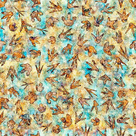 Image of Savage Kingdom Dino Tracks Multi quilting cotton fabric by Dan Morris for QT Fabrics. Features dinosaur footprints on a blue and yellow background. Cute Little Fabric Shop.