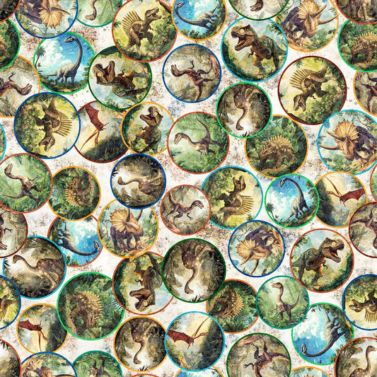 Image of Savage Kingdom Dinosaur Medallions Sand quilting cotton fabric by Dan Morris for QT Fabrics. Features dinosaurs on a cream background. Cute Little Fabric Shop.