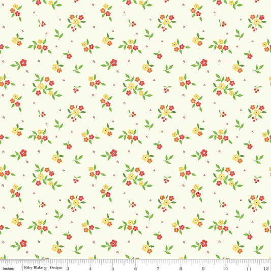 Image of Summer's in Town Floral Cream quilting cotton fabric by Sandy Gervais for Riley Blake Designs. Features flowers on a cream background. Cute Little Fabric Shop.