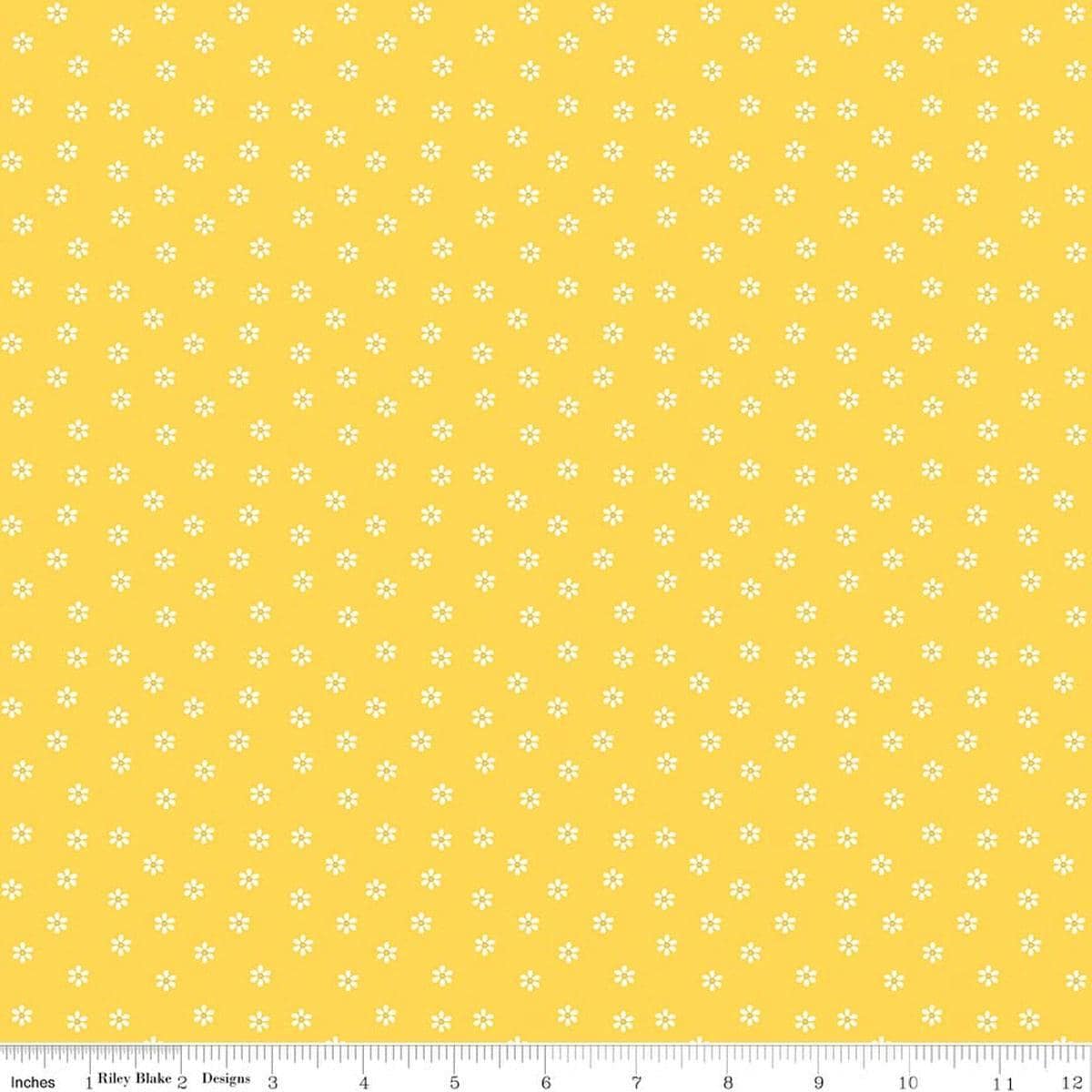 Image of Summer's in Town Daisies Yellow quilting cotton fabric by Sandy Gervais for Riley Blake Designs. Features flowers on a yellow background. Cute Little Fabric Shop.