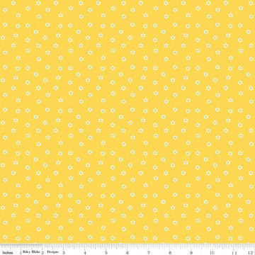 Image of Summer's in Town Daisies Yellow quilting cotton fabric by Sandy Gervais for Riley Blake Designs. Features flowers on a yellow background. Cute Little Fabric Shop.