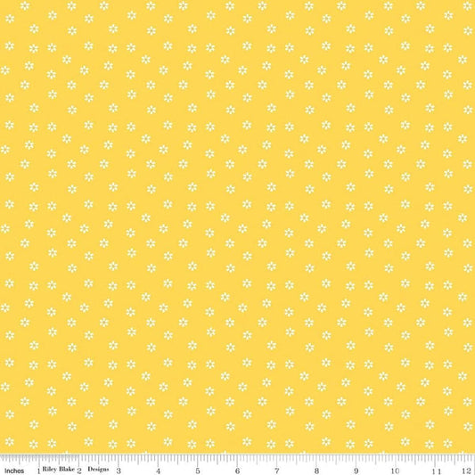 Image of Summer's in Town Daisies Yellow quilting cotton fabric by Sandy Gervais for Riley Blake Designs. Features flowers on a yellow background. Cute Little Fabric Shop.