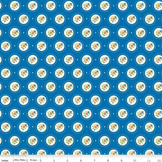 Image of Summer's in Town Cameo Blue quilting cotton fabric by Sandy Gervais for Riley Blake Designs. Features flowers on a blue background. Cute Little Fabric Shop.