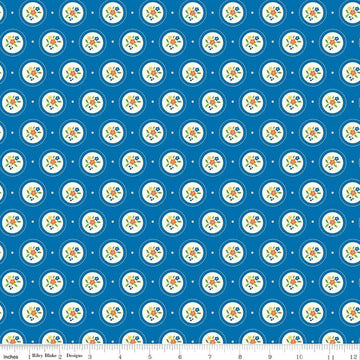 Image of Summer's in Town Cameo Blue quilting cotton fabric by Sandy Gervais for Riley Blake Designs. Features flowers on a blue background. Cute Little Fabric Shop.