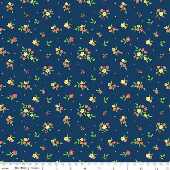 Image of Summer's in Town Floral Navy quilting cotton fabric by Sandy Gervais for Riley Blake Designs. Features flowers on a blue background. Cute Little Fabric Shop.