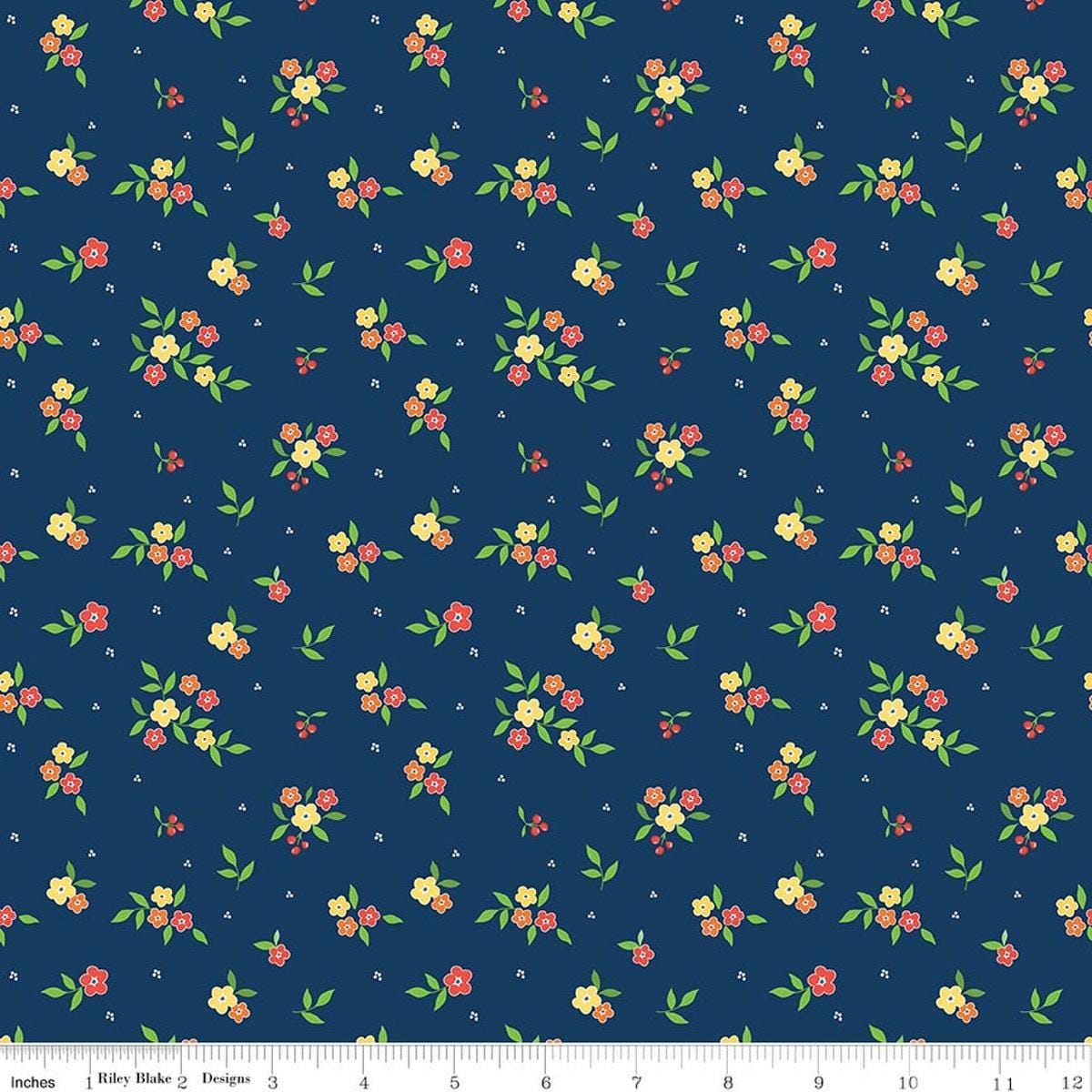 Image of Summer's in Town Floral Navy quilting cotton fabric by Sandy Gervais for Riley Blake Designs. Features flowers on a blue background. Cute Little Fabric Shop.