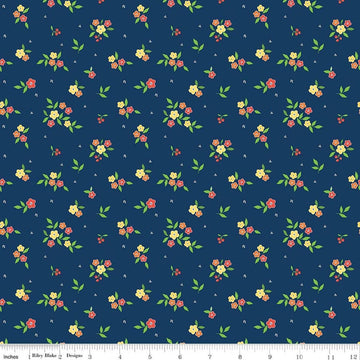 Image of Summer's in Town Floral Navy quilting cotton fabric by Sandy Gervais for Riley Blake Designs. Features flowers on a blue background. Cute Little Fabric Shop.