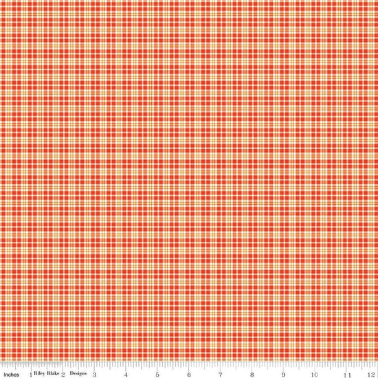 Image of Summer's in Town Plaid Red quilting cotton fabric by Sandy Gervais for Riley Blake Designs. Features plaid on an orange background. Cute Little Fabric Shop.
