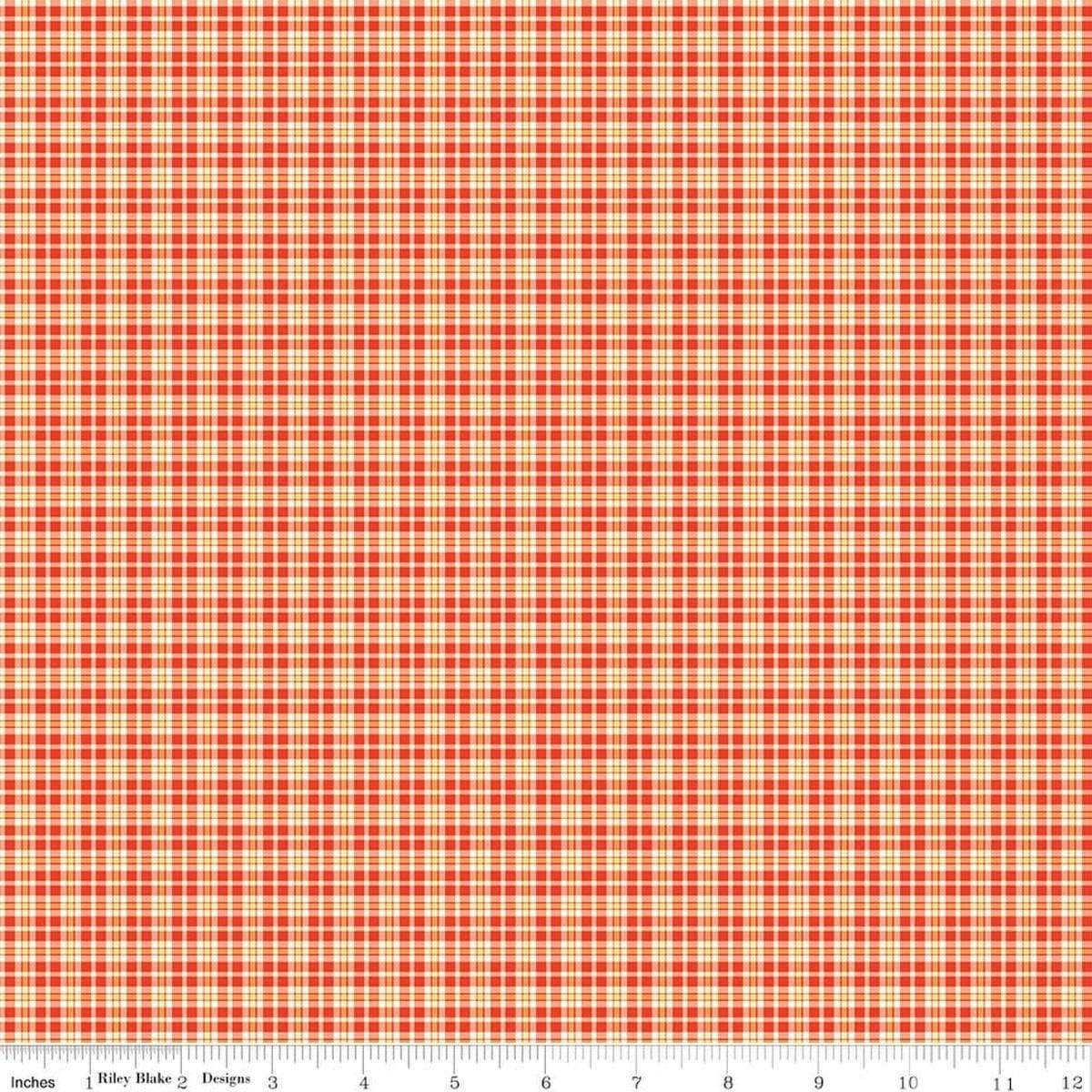 Image of Summer's in Town Plaid Red quilting cotton fabric by Sandy Gervais for Riley Blake Designs. Features plaid on an orange background. Cute Little Fabric Shop.