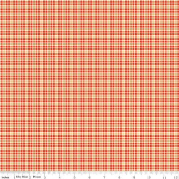 Image of Summer's in Town Plaid Red quilting cotton fabric by Sandy Gervais for Riley Blake Designs. Features plaid on an orange background. Cute Little Fabric Shop.