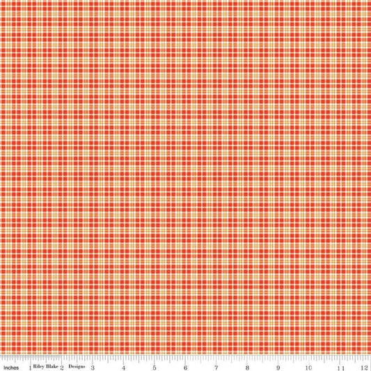 Image of Summer's in Town Plaid Red quilting cotton fabric by Sandy Gervais for Riley Blake Designs. Features plaid on an orange background. Cute Little Fabric Shop.