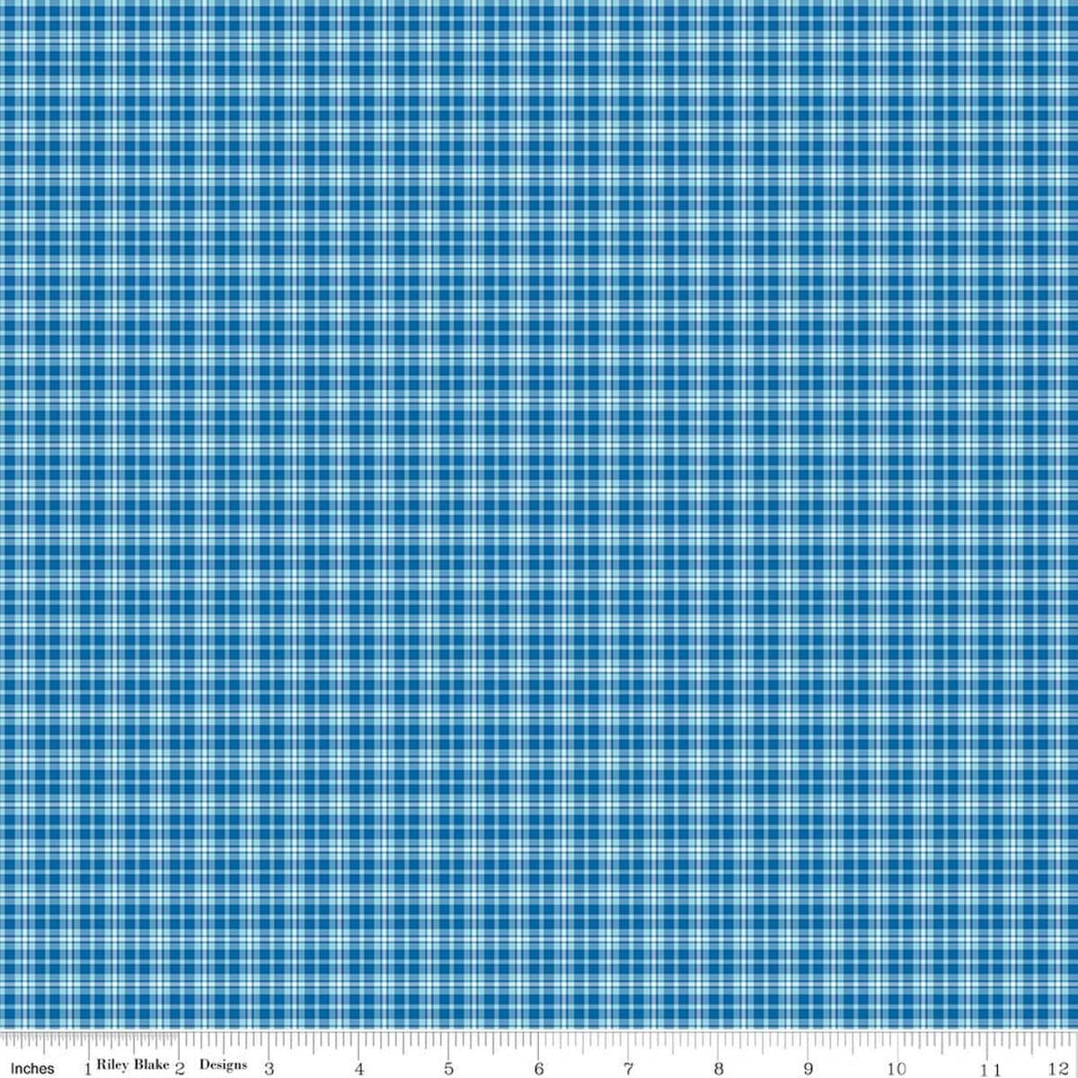 Image of Summer's in Town Plaid Blue quilting cotton fabric by Sandy Gervais for Riley Blake Designs. Features plaid on a blue background. Cute Little Fabric Shop.