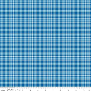 Image of Summer's in Town Plaid Blue quilting cotton fabric by Sandy Gervais for Riley Blake Designs. Features plaid on a blue background. Cute Little Fabric Shop.