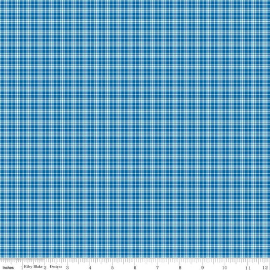 Image of Summer's in Town Plaid Blue quilting cotton fabric by Sandy Gervais for Riley Blake Designs. Features plaid on a blue background. Cute Little Fabric Shop.