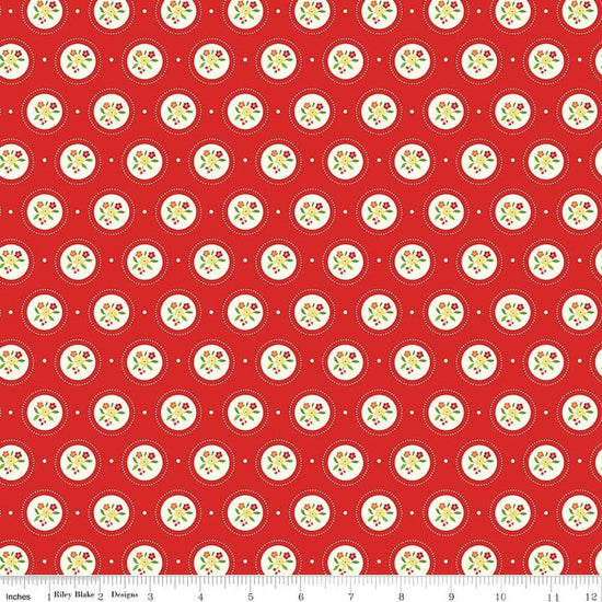 Image of Summer's in Town Cameo Red quilting cotton fabric by Sandy Gervais for Riley Blake Designs. Features flowers on a red background. Cute Little Fabric Shop.