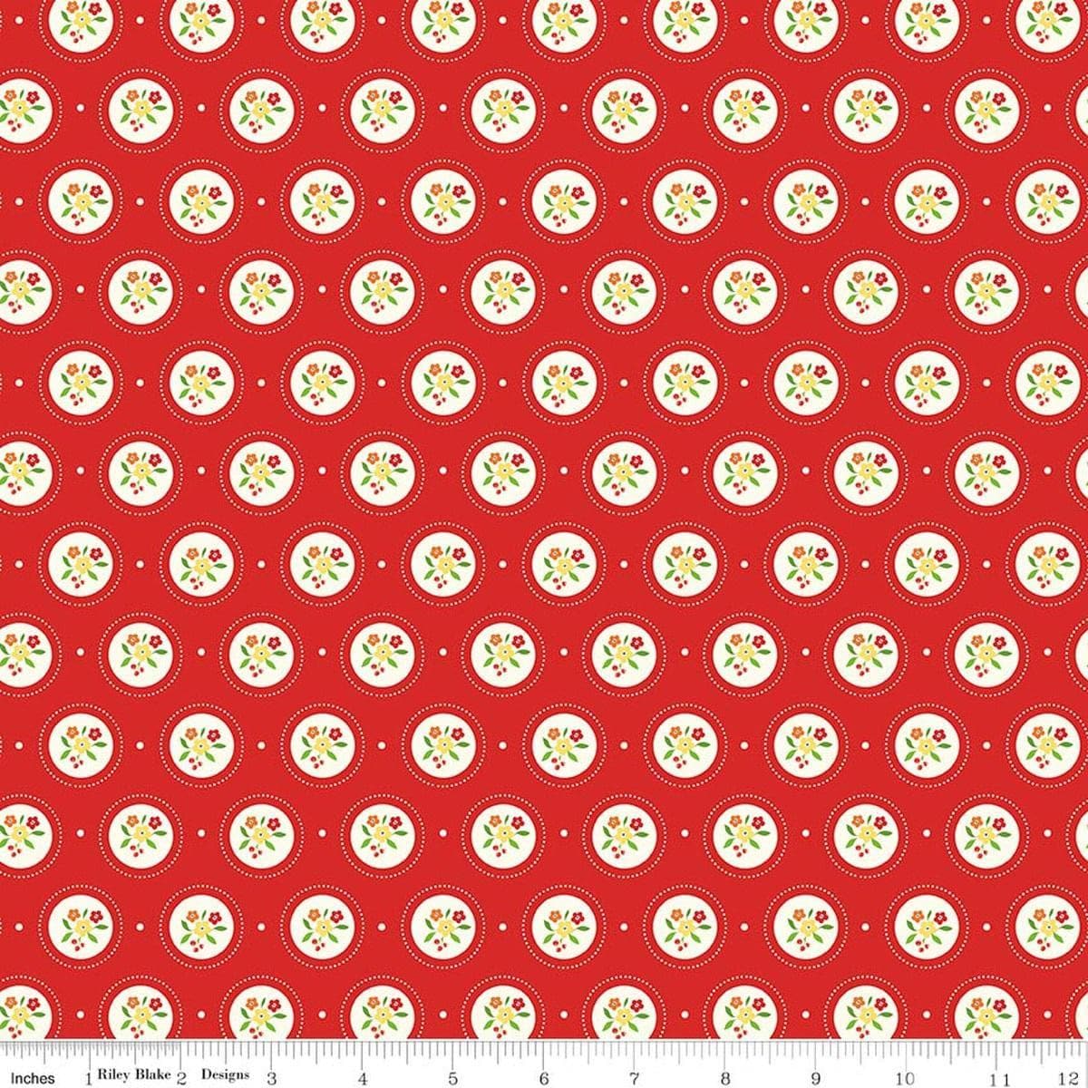 Image of Summer's in Town Cameo Red quilting cotton fabric by Sandy Gervais for Riley Blake Designs. Features flowers on a red background. Cute Little Fabric Shop.