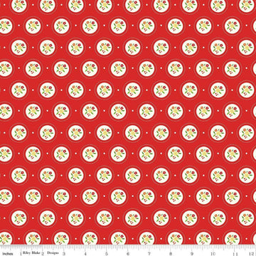 Image of Summer's in Town Cameo Red quilting cotton fabric by Sandy Gervais for Riley Blake Designs. Features flowers on a red background. Cute Little Fabric Shop.