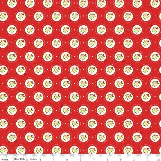 Image of Summer's in Town Cameo Red quilting cotton fabric by Sandy Gervais for Riley Blake Designs. Features flowers on a red background. Cute Little Fabric Shop.