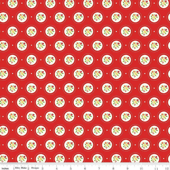 Image of Summer's in Town Cameo Red quilting cotton fabric by Sandy Gervais for Riley Blake Designs. Features flowers on a red background. Cute Little Fabric Shop.