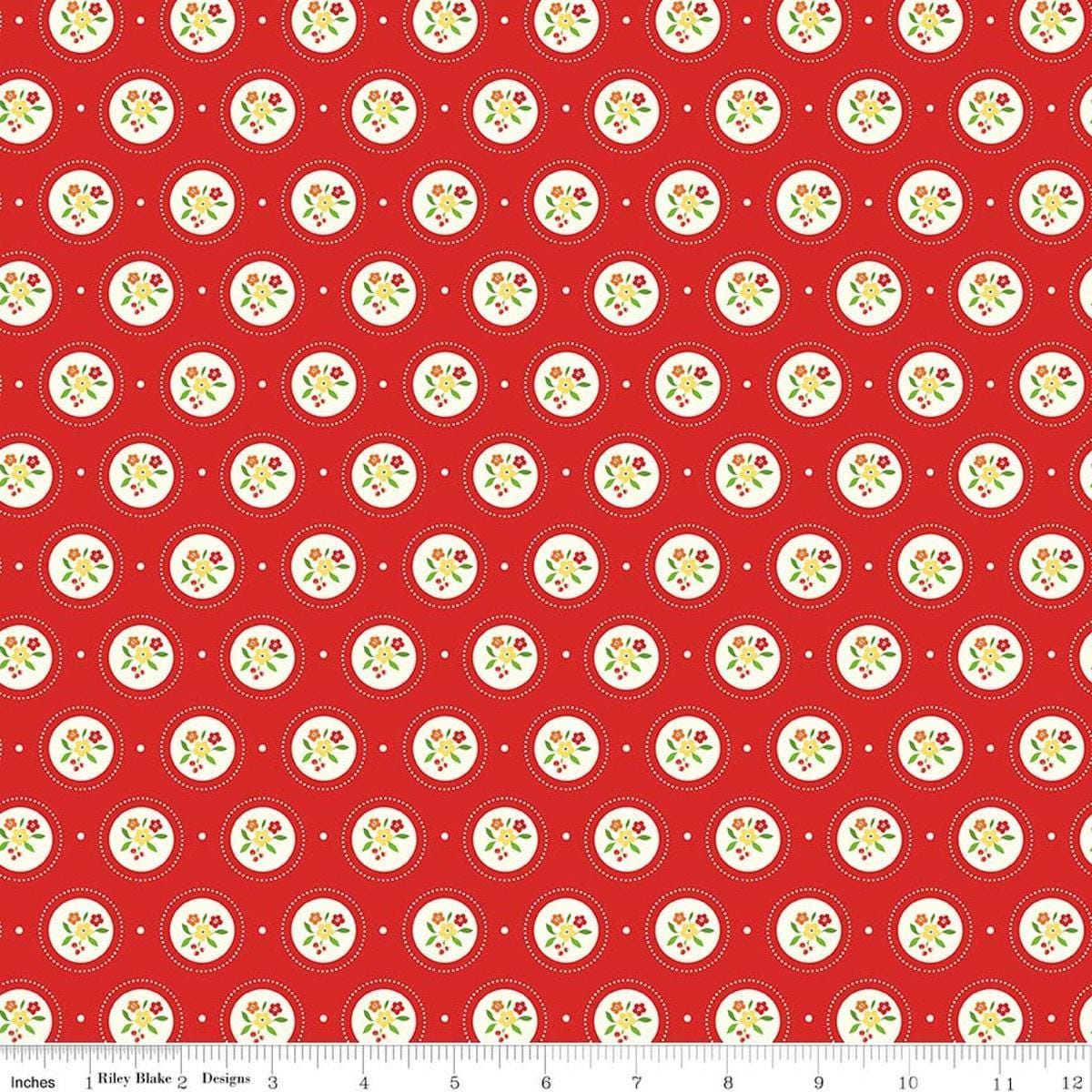 Image of Summer's in Town Cameo Red quilting cotton fabric by Sandy Gervais for Riley Blake Designs. Features flowers on a red background. Cute Little Fabric Shop.