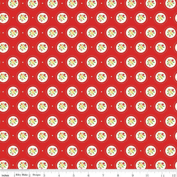 Image of Summer's in Town Cameo Red quilting cotton fabric by Sandy Gervais for Riley Blake Designs. Features flowers on a red background. Cute Little Fabric Shop.