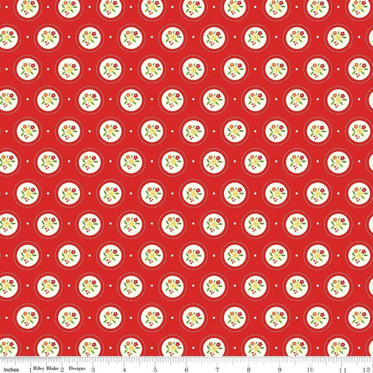 Image of Summer's in Town Cameo Red quilting cotton fabric by Sandy Gervais for Riley Blake Designs. Features flowers on a red background. Cute Little Fabric Shop.