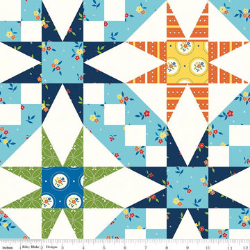 Image of Summer's in Town Cheater Print Multi quilting cotton fabric by Sandy Gervais for Riley Blake Designs. Features printed quilt blocks on a white background. Cute Little Fabric Shop.