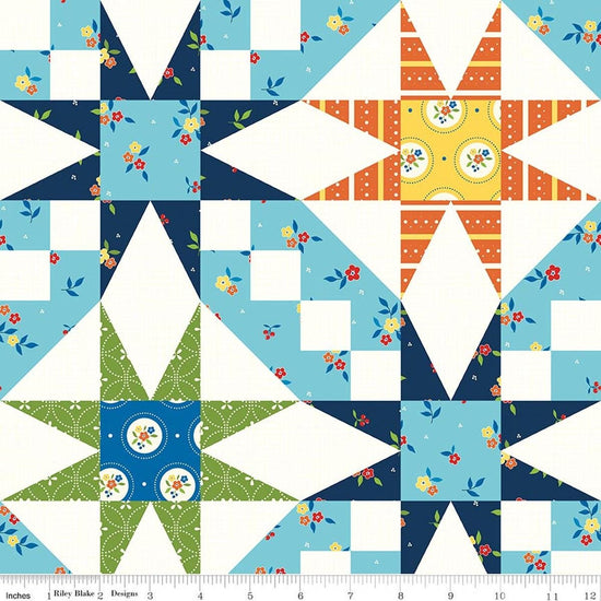 Image of Summer's in Town Cheater Print Multi quilting cotton fabric by Sandy Gervais for Riley Blake Designs. Features printed quilt blocks on a white background. Cute Little Fabric Shop.