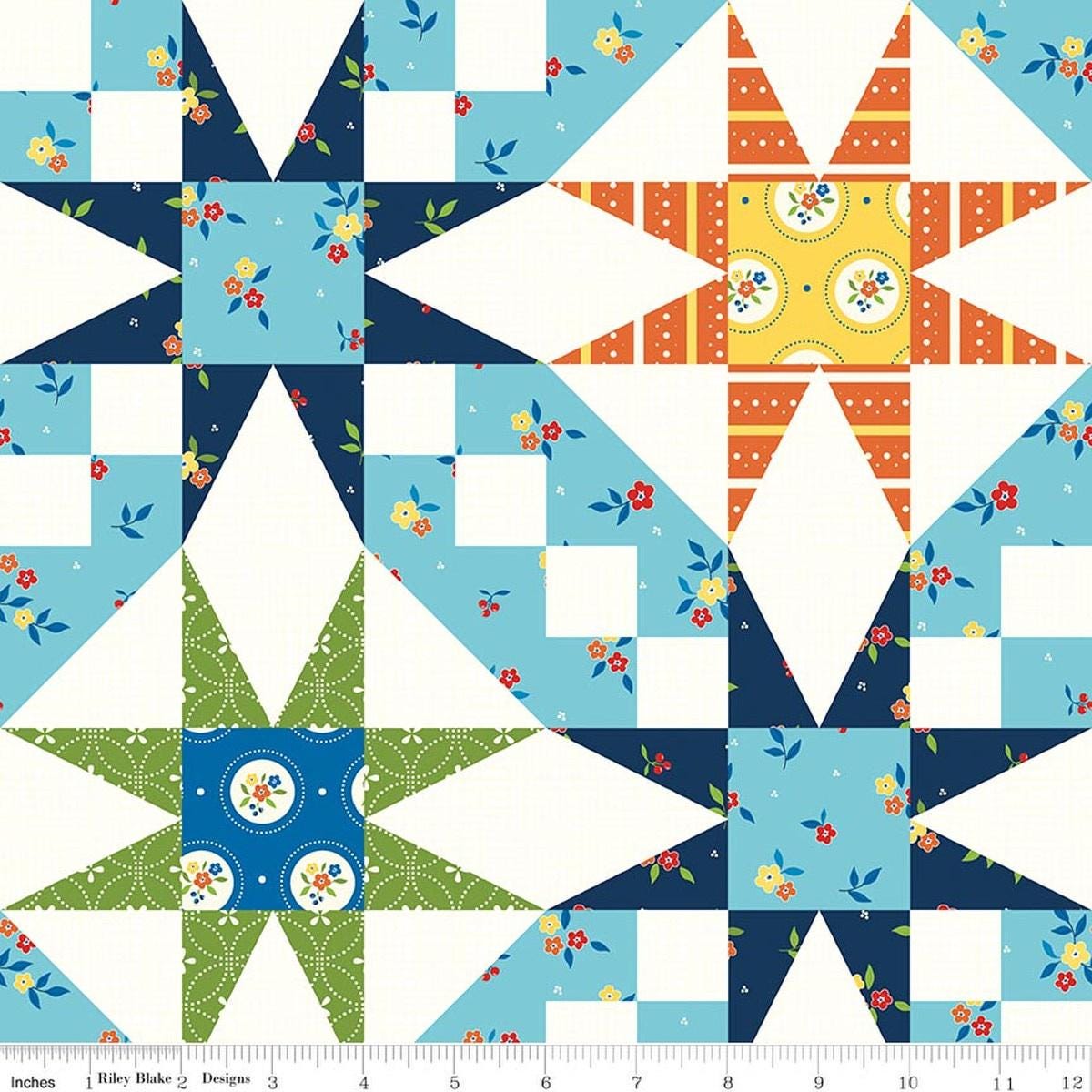 Image of Summer's in Town Cheater Print Multi quilting cotton fabric by Sandy Gervais for Riley Blake Designs. Features printed quilt blocks on a white background. Cute Little Fabric Shop.